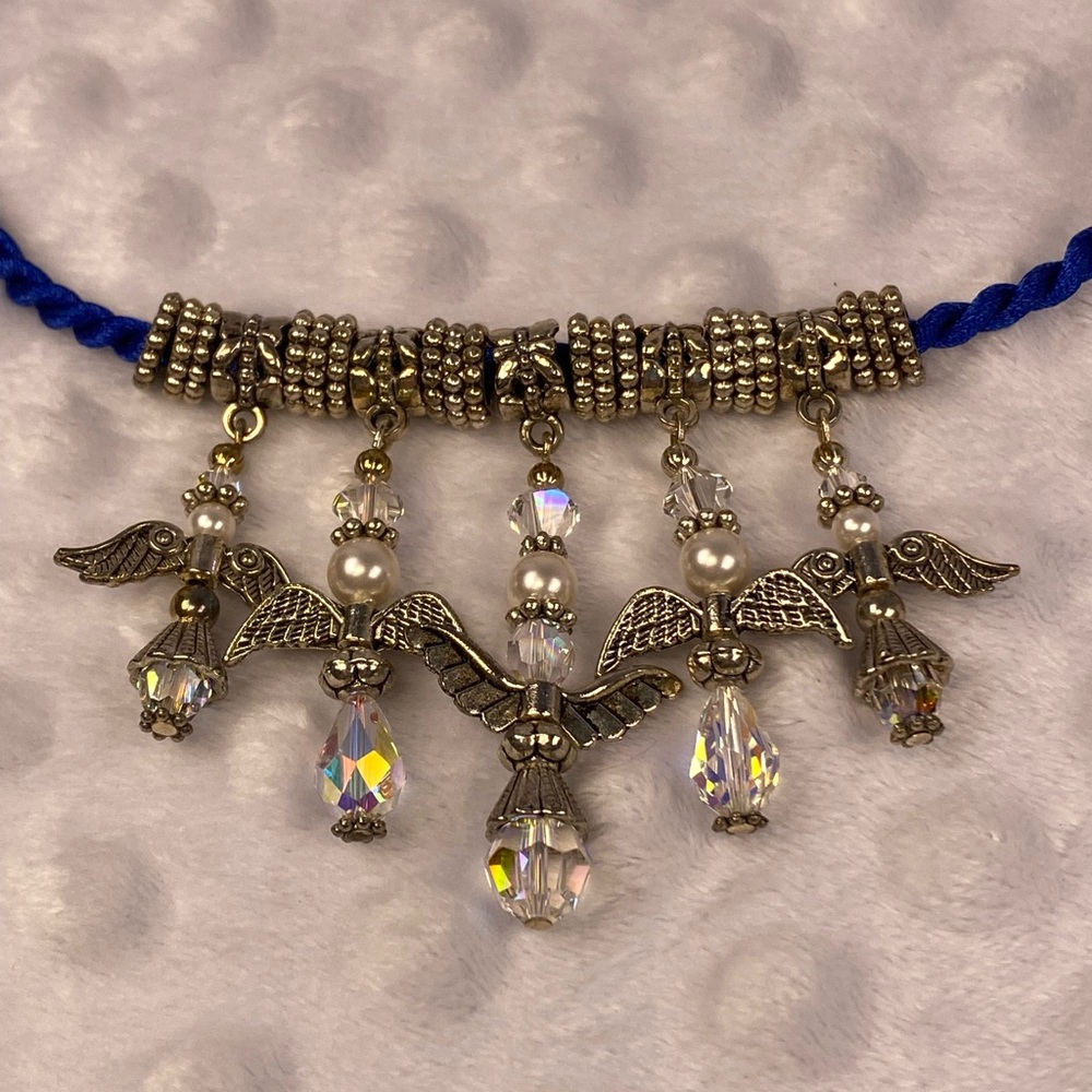 Silver, Crystal and Pearl Five 5 Angel Necklace w/ Silver Beads & Blue Rope